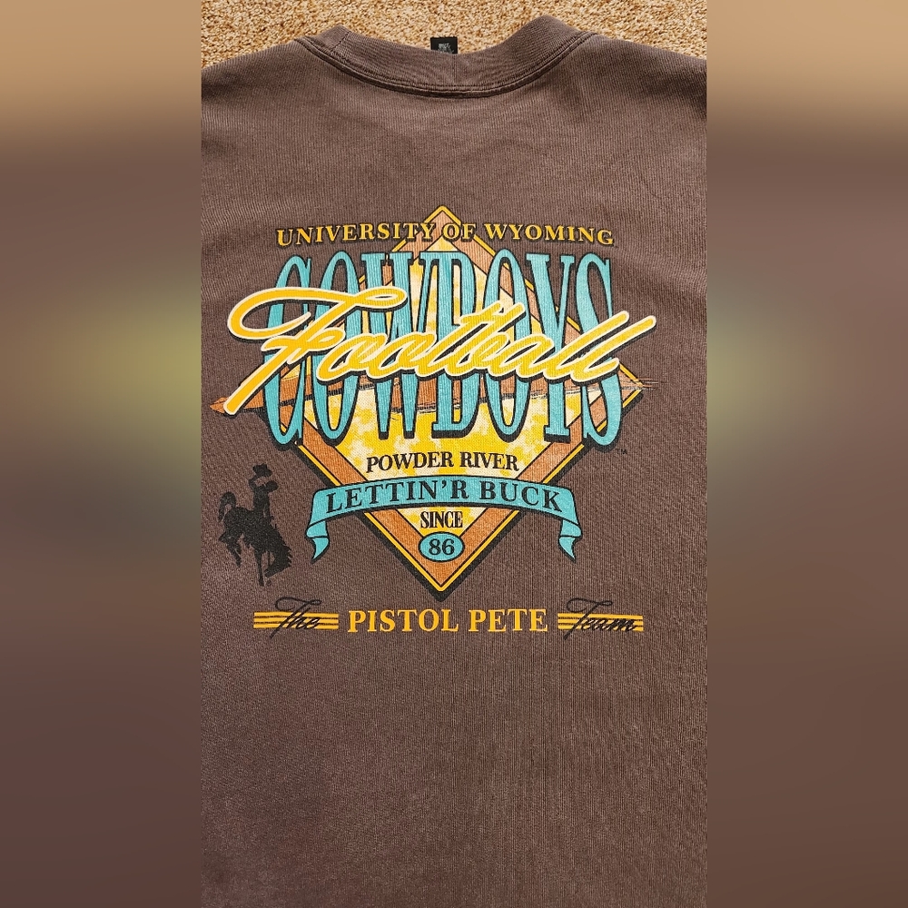 Mens Large Vintage University of Wyoming Football Pistol Pete Faded Brown 1986